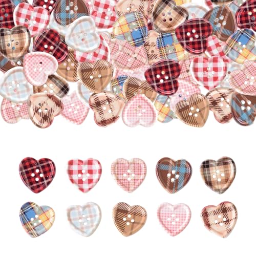 50 Pcs 1 Inch Heart Large Resin Buttons with Tartan Pattern Bulk Assorted Mixed Color Buttons for Sewing Clothing Knitting Crafts Decoration Phone Hair Clip & Clothes DIY (Colorful)