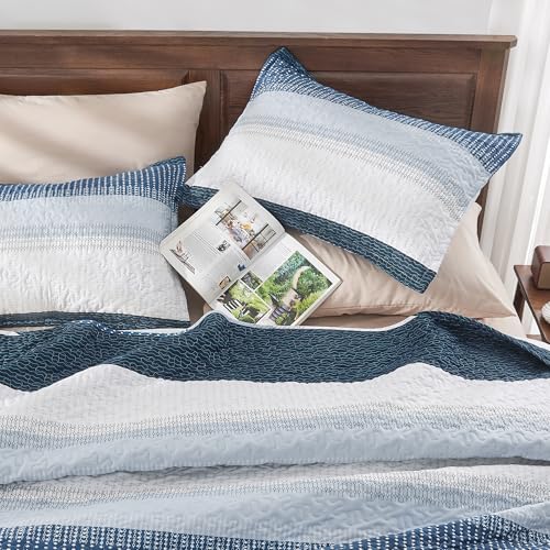 Image of Andency Navy Blue Striped Quilt Set Cal King(104x112Inch), 3 Pieces (1 Quilt and 2 Pillowcases) Patchwork Bedspread Coverlet Set, Soft Lightweight Quilted Bedding Set