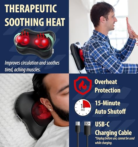 Image of Zyllion Shiatsu Back and Neck Massager - Cordless Rechargeable 3D Kneading Deep Tissue Massage Pillow with Heat, Rotation and 2 Speed Levels for Muscle Pain Relief - Black (ZMA-34RB-BK)