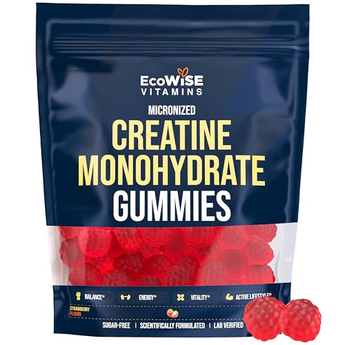 ECOWISE VITAMINS Creatine Monohydrate Gummies 5000 mg per Serving Strawberry Flavor with Turmeric Root & Black Pepper Sugar Free Vegan Creatine Gummies 120 Gummies 30 Servings