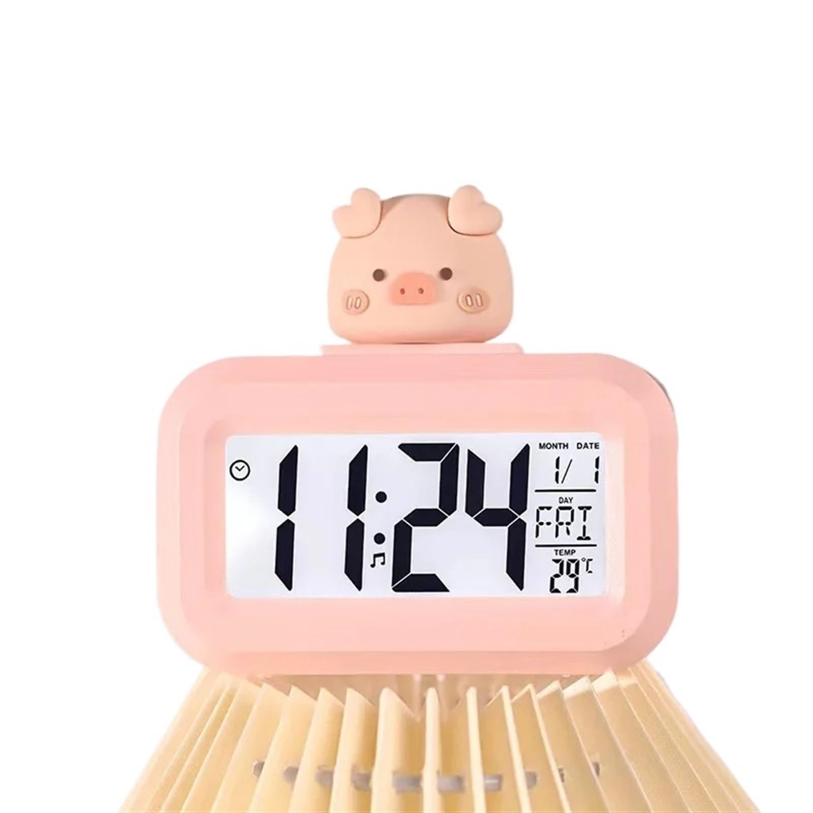 LUYSGBXR Alarm Clock Mini Music Digital Alarm Clock with Backlight Temperature Week Month Date Display Snooze Desktop Table Clocks 12/24H(Pink Little Pig)