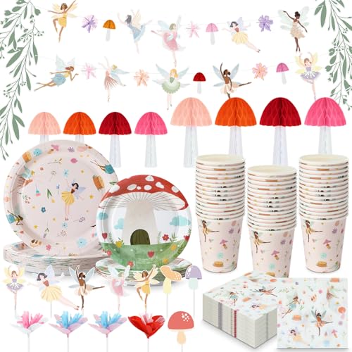 Honeydak 132 Pcs Fairy Party Supplies Decorations Include Fairy Disposable Floral Paper Plates Napkins Teacups Garland Banner Cake Topper and Honeycomb Mushroom for Spring Ballet Forest Birthday Party