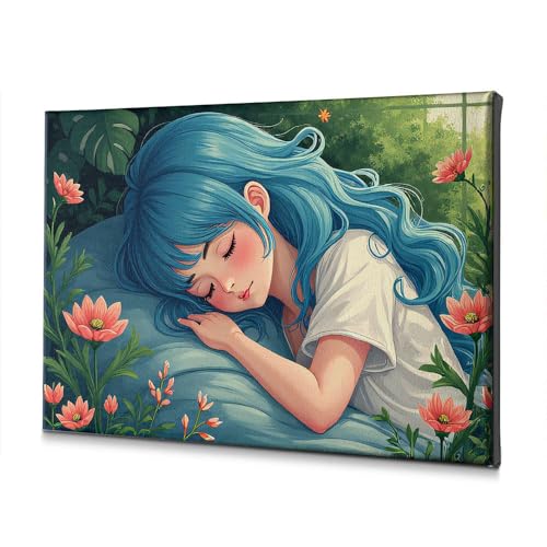 Toile de Pâques 30x40cm avec fille aux cheveux bleus et fleurs