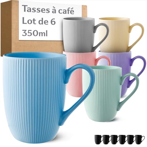 Cosumy Tasse à Café - Lot 6 Tasses à Café Couleur Pastelle - Modèle Unique - Céramique Mate - Résistant Micro-Ondes & Lave-vaisselle - Poignée...