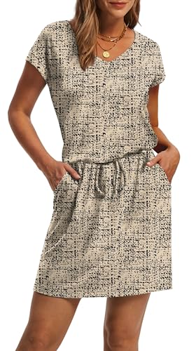 Image of OFEEFAN Summer Dresses for Women 2026 V Neck T Shirt Casual Mini Dresses Tie Waist Sundresses with Pockets