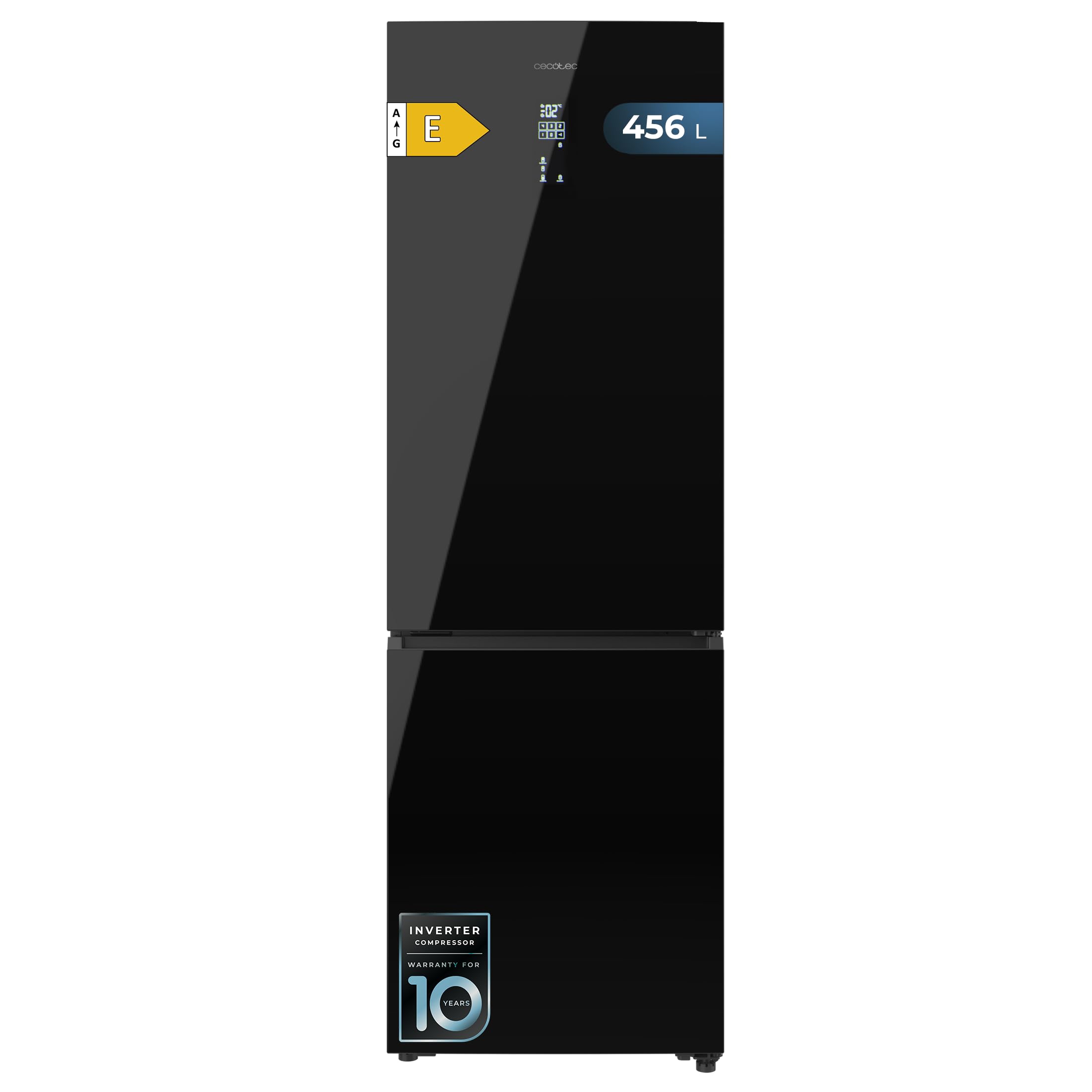Cecotec Frigorífico Combi Total No Frost Bolero CoolMarket Combi 456 Black Glass E, 456 L, Alto 201 cm y 59,5 cm Ancho, MAX INSIDE con VIP tech, Compresor Inverter Plus, Botellero y Bandejas Cristal