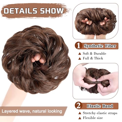 MORICA 1PCS Messy Hair Bun Hair Scrunchies Extension Curly Wavy Messy Bun Synthetic Chignon Hairpieces for Women (4/30#(Dark Brown & Light Auburn Mixed)) - Thumbnail 3