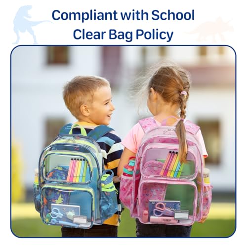 Bagseri Clear Backpack for Kids - 15 Inch Clear Bookbag for Boys Aged 3 to 8 Heavy Duty Transparent Backpack for School, Safe Reflective Strip, Cute Fabric Back Panel, Green Dinosaur2