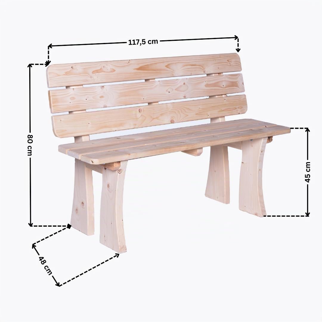 Mega Holz Gartenbank Holz mit Rückenlehne UNGARN 118x48x80 cm - 2-Sitzer aus witterungsbeständiger Kiefer - Wetterfeste Balkonbank aus massiven Holz - Holzbank für Garten, Balkon und Terrasse