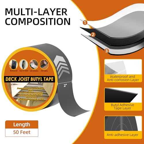 Butyl Joist Tape for Decking 2''×50', 10 Rolls Weather-Resistant Deck Joist Tape 2 inch, Waterproof and Anti-Corrosion Joists Deck Tape,Self-Adhesive Flashing Joists Tape for Wood Decks Beams Roof