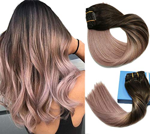 Clip In Hair Extensions Human Hair Ombre Hair Dark Brown Fading to Pink Gray Brazilian Hair 120g 7pcs Per Set Remy Hair Full Head Silky Straight Human Hair Clip In Extensions 18 Inch