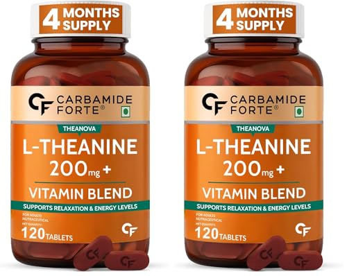 Image of Carbamide Forte L Theanine 200mg with Vitamin B Complex | L Theanine Supplements for Relaxation, Mood, Focus & Energy Levels | Stress Support Formula - 120 Veg Tablets (Pack of 2)