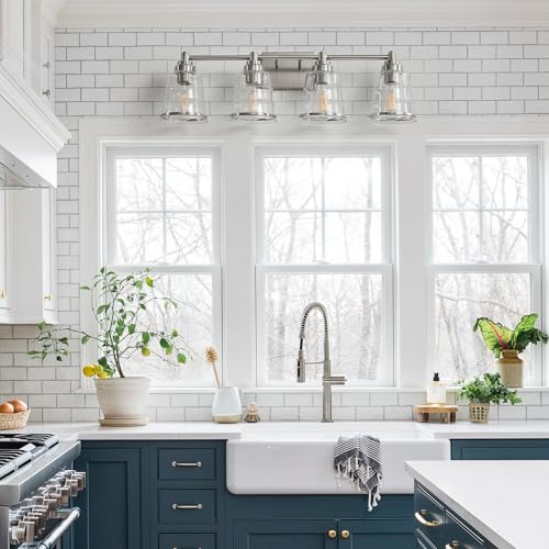 Image of Brushed Nickel Bathroom Vanity Light Fixture, 4 Light Bathroom Light Fixtures Over Mirror with Clear lampshade and Metal Base Sconce,29.1 inch Modern Vanity Light for Bathroom(Exclude E26 Bulb)