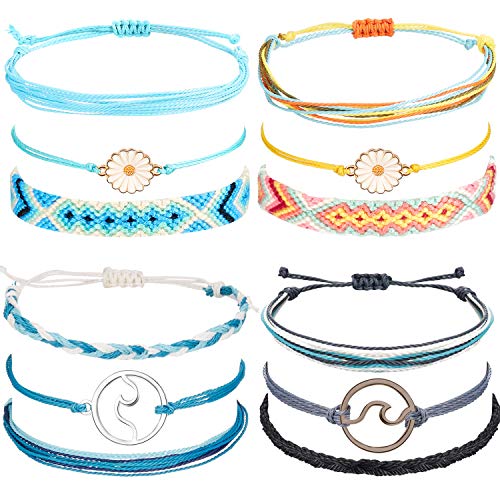 Hicarer 12 Pieces Wave Sunflower Bracelet Handmade Waterproof Bracelet Ocean Surfer Bracelet Adjustable Friendship Bracelet (Style Set 1)