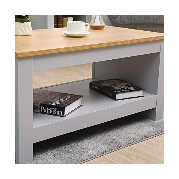 Homeke Wooden Coffee Table with Storage Shelf Rectangle Tea Table Side End Table Grey/White - Image 6