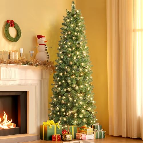 SHareconn 6ft Prelit Artificial Hinged Slim Pencil Christmas Tree with Warm White Lights, Full...