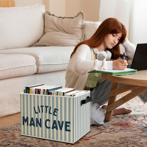 Image of Little Man Cave Boys Storage Bins Box with Handles, Olive Blue Stripe Boho Collapsible Basket Organizer for Kids Boys Playroom Nursery Room Bedroom Bathroom Books Clothes