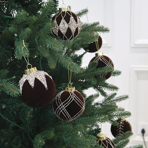 Image of 4IN Large Velvet Christmas Ornaments with Glitter, 9PCS Flocked Ornaments | brown velvet ornaments for christmas tree decorations set,hanging neutral felt flocked balls bulk plastic shatterproof
