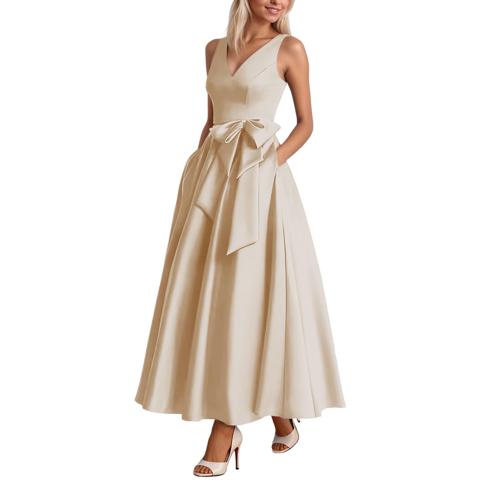 Abendkleid Damen Elegantes Satin Kleid Festliche Cocktailkleid Ansprechendem Ballkleid Bequemer A-Linie Partykleid Lang Brautjungfernkleider Verlobungskleid Wickelkleid Promkleider