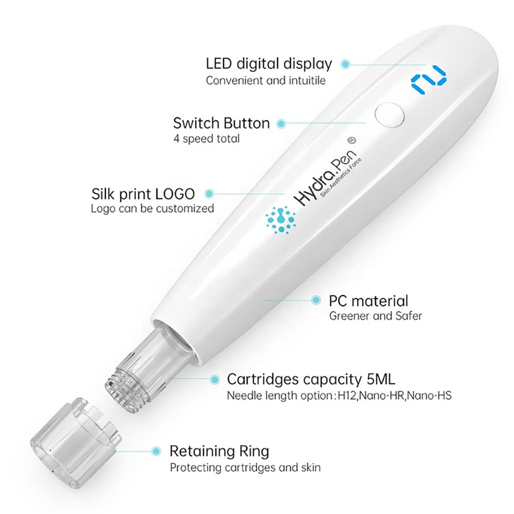 Pluma de Microagujas Eléctrica Hydra Pen H2 Dermapen Cuidado de la Piel Automático Aplicador de Suero Herramienta Antienvejecimiento con 5 Cartuchos de Agujas