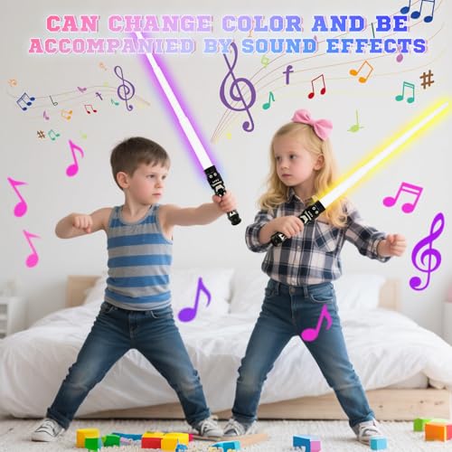 4 Stück Laserschwert Kinder, Duell Lichtschwerter, 2 in 1 Lichtschwert, Lightsaber zum Zusammenstecken, RGB 7 Variable Farbe Laser Schwert, Lichtschwert Doppelklinge mit Soundeffekten Spielzeug