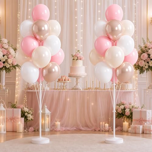 Image of Balloon Column Kit Set of 2 - 26pc Champagne Pink Metallic Balloons with Height Adjustable 20 inch-63 inch Tower Stand, Stable Base for Birthday Wedding Easter Baby&Bridal Shower Party Decorations