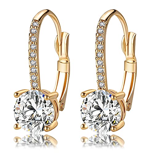 Ladies 1 Carat Diamond Pendant Earrings 18K Gold Plated Cubic Zirconia Hanging Lever Bridal Earrings and Women's Fashion Jewelry (gold)