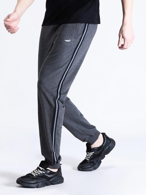Image of CROCODILE Men Solid French Terry Joggers | Classic Fit | Mid Rise | Drawstring Closure | Ankle Length | Casual Wear Navy Melange