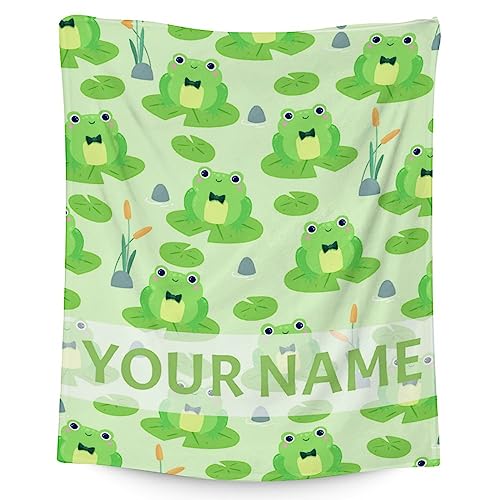 Personalized Frog Blanket Gifts with Name - 30x40 Inches Cute Throw for Girls & Boys - Green Soft Fuzzy Blankets for Couch & Office