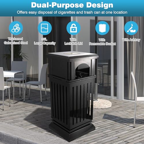 Image of IRONWALLS Commercial Trash Can with Lid, Black Outdoor Garbage Can for Patio, Side Opening Steel Square Commercial Waste Bin, Decorative Trash Container with Removable Inner Bucket for Park, Garden