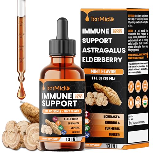 Tenmido 13-in-1 Immune Support Supplement Liquid Drops with Astragalus Elderberry Quercetin Echinacea Chlorophyll Turmeric Ginger Rhodiola Licorice and More - 30ml 1 Fl Oz