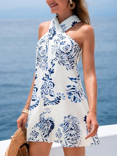 Image of CUPSHE Women's Paisley Mini Dresses Sleeveless Summer Criss Cross Halter Short Beach Cover Up Dress