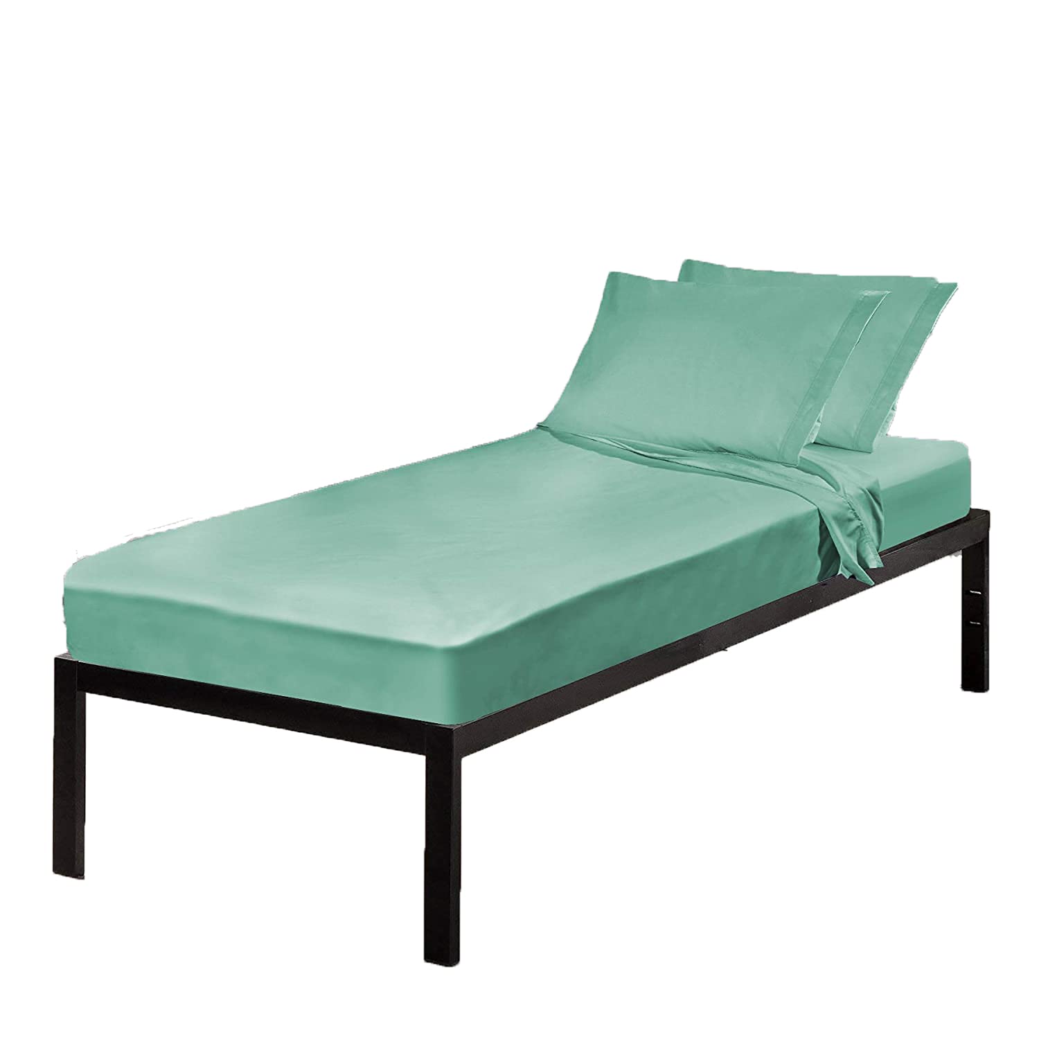 Drap coton double extra long vert d'eau pour lit de dortoir