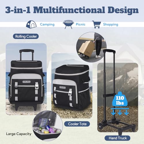 Image of INSMEER Cooler with Wheels and Handle, 80 Cans /50L Rolling Cooler, Portable Soft Sided Cooler with Wheel, 2-in-1 Collapsible Trolley Cart, Large Coolerbag for Grocery Shopping