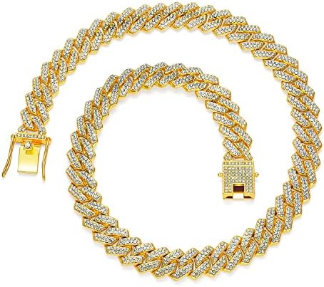 MOFEIJEWEL 13mm Cuban Link Chain For Men Women Iced Out Chain Miami Cuban Necklace Bling Diamond Chains Hip Hop Jewelry （Gold 24inch）