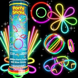 PartySticks Bulk Party Supplies 205 Piece Glow in The Dark 100 Glow Sticks with Eye Glasses, Bracelets, and Connectors