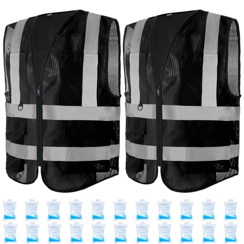 Jexine 2 Pcs Cooling Vest for Men Women, 24 Pcs Ice Packs, Adjustable Ice Vest Cool Jacket for Hot Weather Summer Work Running (Black, Simple Style)