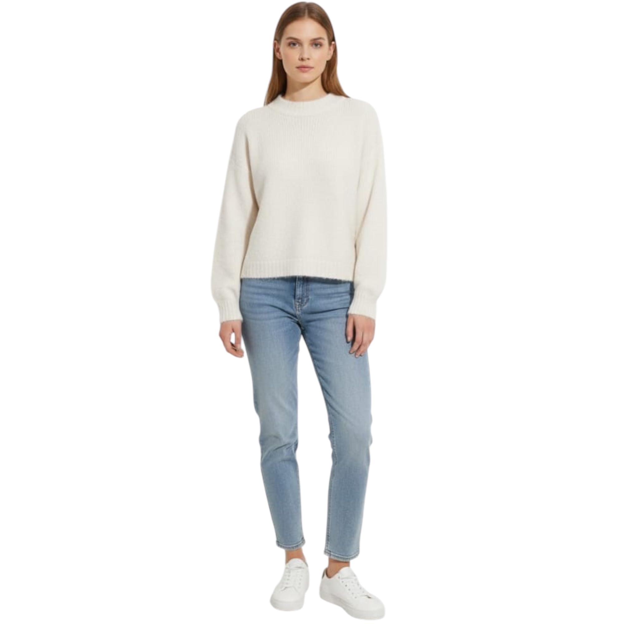 Women's Off-White Chunky Knit Crewneck Long Sleeve Sweater Winter Pullover L-picture-30