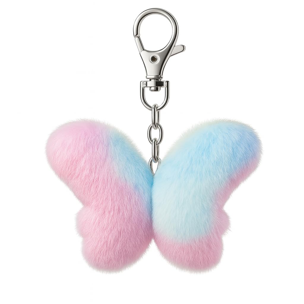 Butterfly Keyring – Sweet Fluffy Pink Blue Gradient Butterfly Keychain Bag Charms for Women with Soft Touch, Cute Key Rings Gifts for Girls and Teens