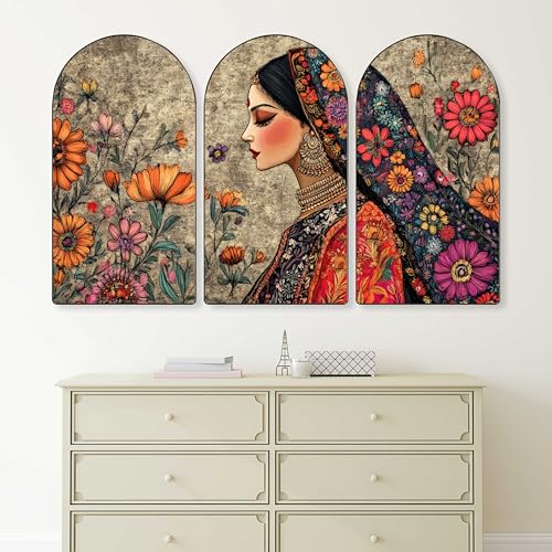 Image of Livin'luxe Traditional Indian Woman with Floral Background Wall Painting | Ethnic Lady Portrait | Set of 3 MDF Panels | Elegant Wall Art for Living Room, Bedroom & Home Decor