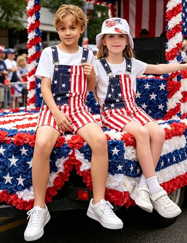 Image of OeyFnbmO Kids 4th of July Outfit Boy American Flag Overall Girl Stretch Denim Jumpsuit USA Shorts with Zipper Fly