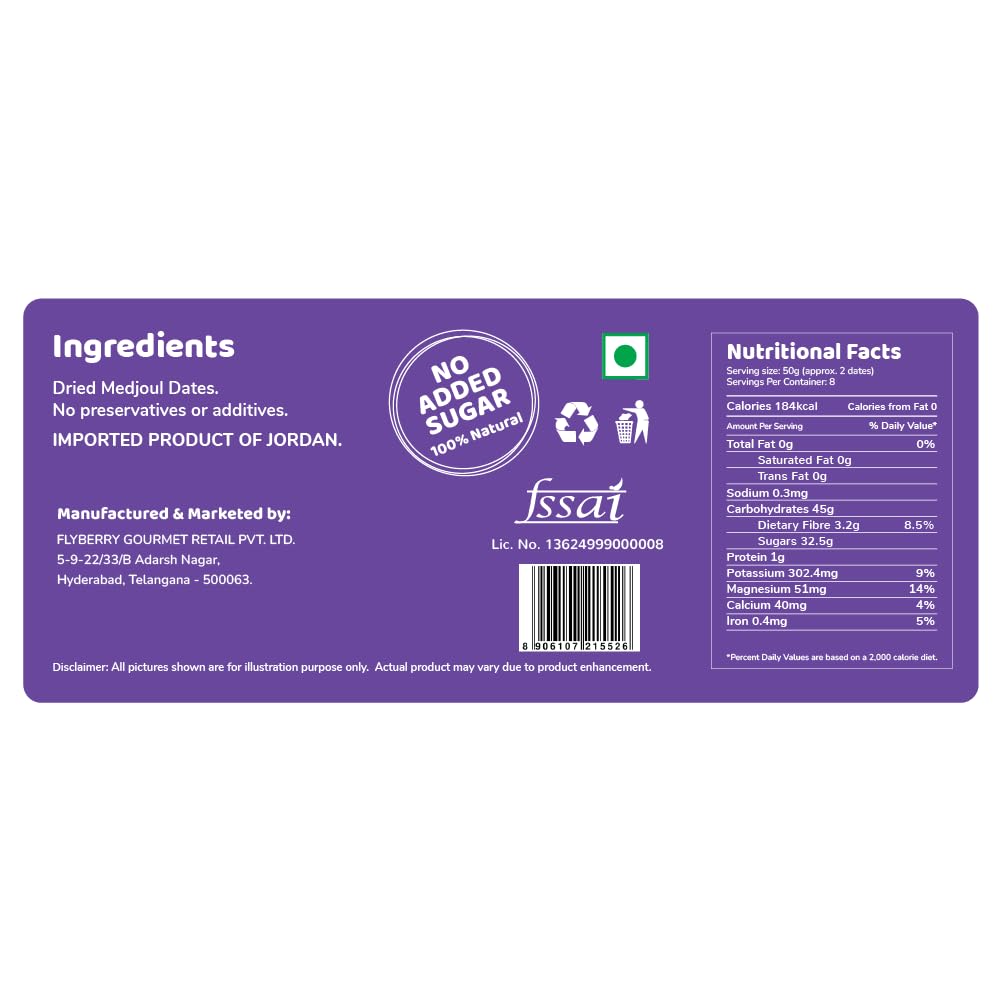 Flyberry Gourmet Large Medjoul (Medjool) Dates | Rich Source of Potassium & Iron | No Added Sugar or Preservatives | Low GI Energy Snack | Khajoor | Khajur |2.5 kg 4