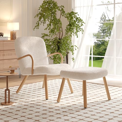 JYCRA Silla con taburete, sillón de relax, sillón con orejas de cachemir de pelo largo, soporta hasta 150 kg, tumbona de jardín para dormitorio, salón, diseño elegante, color blanco (estilo B)