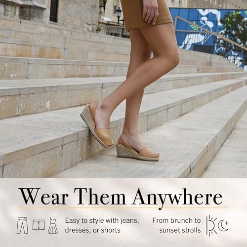 Image of Espadrilles Wedges for Women, Dressy Soft Leather Peep Toe Womens Espadrille Sandals, Comfortable Casual Summer Slip On