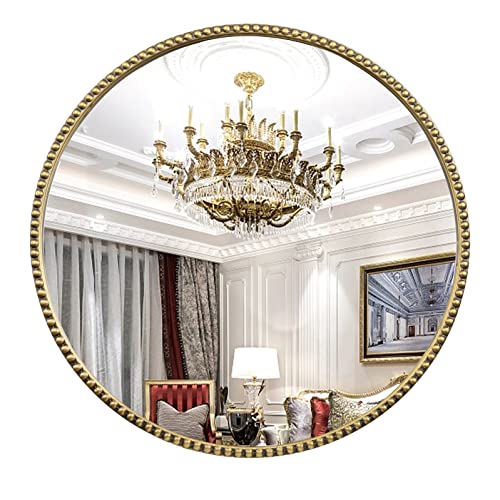 Image of Fobule Round Bathroom Wall Mirror, 28"x28" Antique Gold Metal Beaded Frame Vanity Mirror, Wall Mounted Large Circle Makeup Mirror for Bedroom, Living Room, Entryway