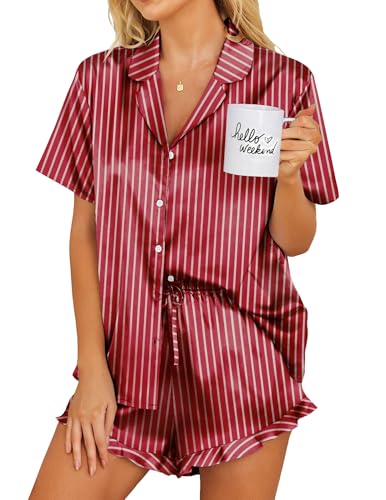 Image of Ekouaer Womens Satin Pajamas Set Button Down 2 Piece Silk Pjs Shorts Set Ruffle Lingerie Notch Collar Sleepwear