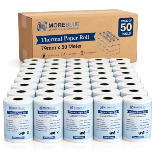 Image of MOREBLUE 79mm x 50m POS Thermal Paper Rolls Pack of 50, Receipt Billing Paper for Credit Card Machines, POS Printers, Petrol Pump Invoices