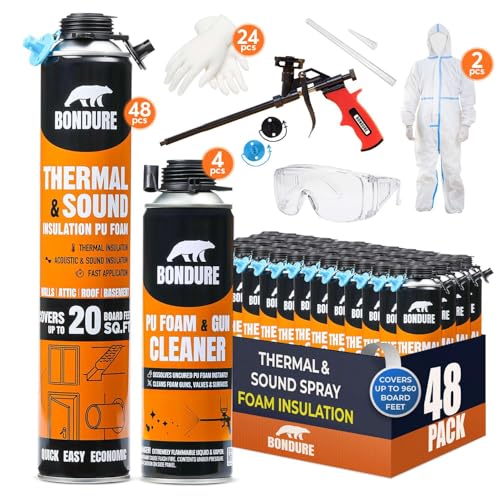 BONDURE Spray Foam Insulation Kit 960 Sq.Ft. (48x27.1 oz.) Closed Cell Spray Foam for Attic & Walls Reduces Energy Bills Spray Foam Gun Cleaner & Other Accessories Included