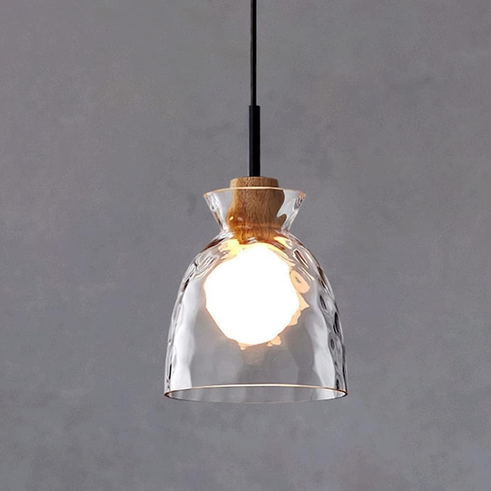 FEITENGDA Nordic Minimalist Small Decor Pendant Light Mid Century Clear Hammered Glass Hanging Lamp Modern Chandelier with Wooden Accent for Dining Room Living Room Hallway(Bell-Shaped)