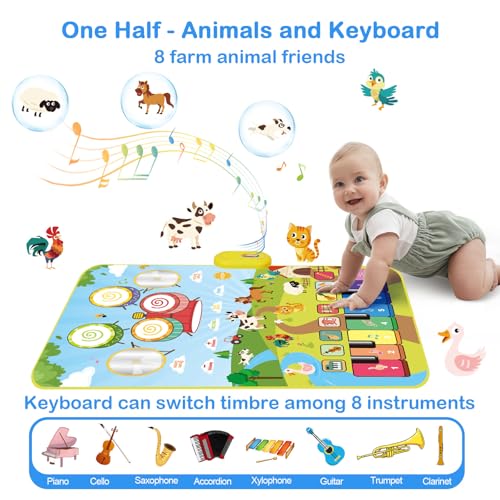 Foki 3-in-1 Musical Mats, Child Floor Piano Drum Animal Music Play Mat Montessori Sensory Early Educational Musical Learning Toys for Baby Girls Boys Birthday Toddlers 1-5 Years Old